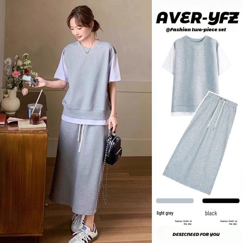 Maternity Korean-Style Casual Two-Piece Summer Set: Faux Two-Piece Top + Skirt L