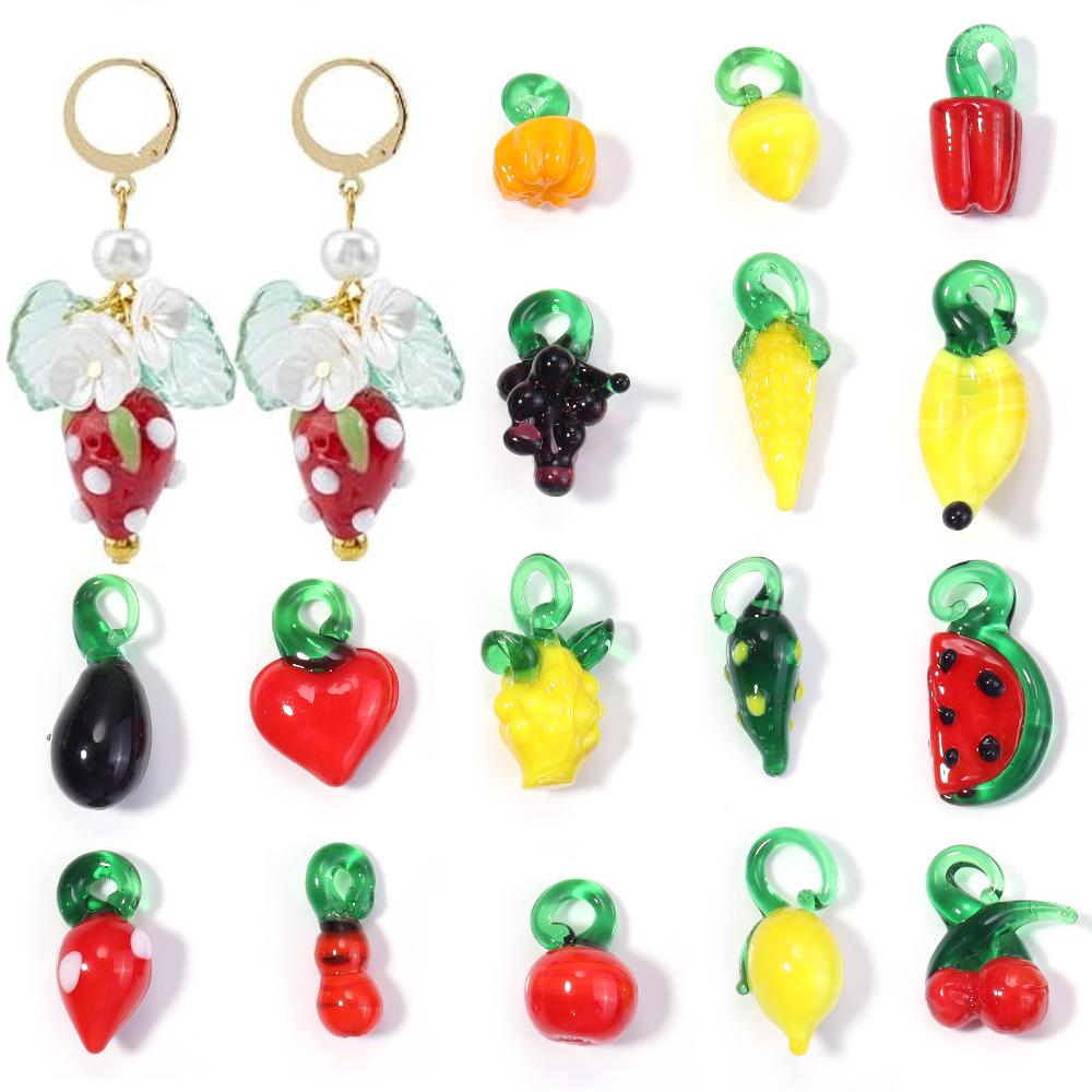 5pcs/lot Colored Lampwork Pendant Cherry Strawberry Banana Fruit Shape Glass Charms For DIY Fashion Earring Necklace Accessories