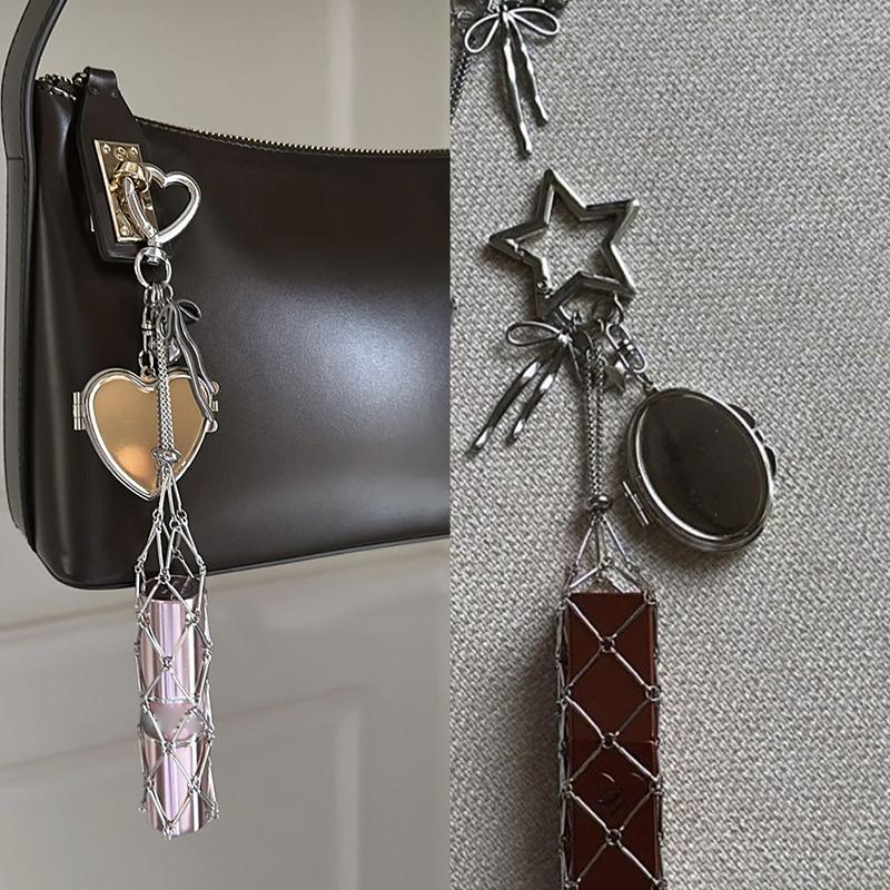 Metal Net Pocket Lipstick Bag Keyring Portable Lip Balm Keyring Holder Lipsticks Protective Cover Mirror Keyring Bag Charm Decor