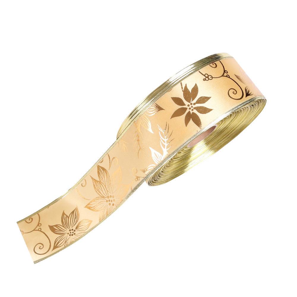 Premium 2 Meter Decorative Gold Floral Print Ribbon For Festive Christmas Celebrations