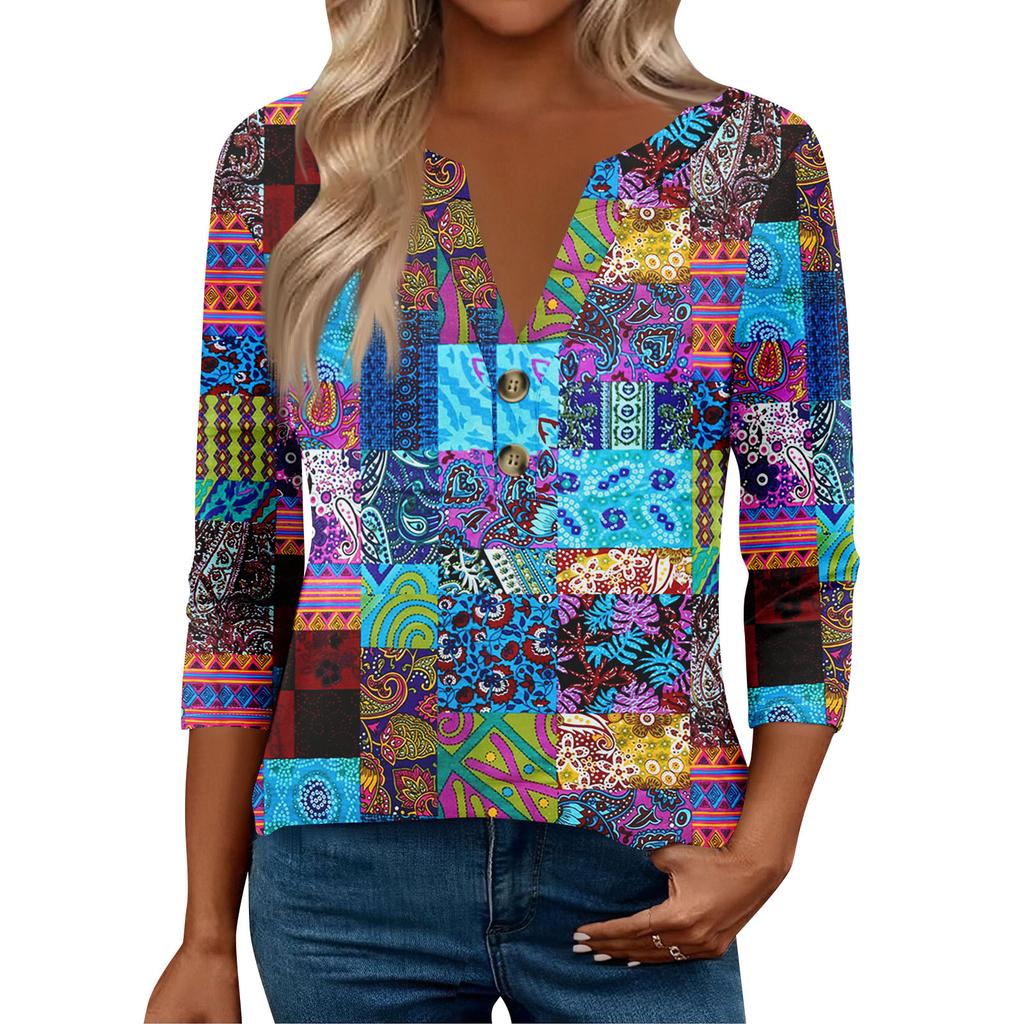 3/4 Sleeve Womens Tops For Women Henely Tops Button V Neck Loose Fit Dressy Womens Summer Tops