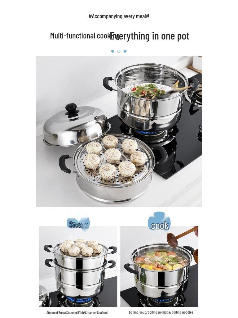 Stainless Steel Double-Layer Steamer Pot for Induction & Gas Cookers, Large Size, Ideal for Steaming Buns and Fish
