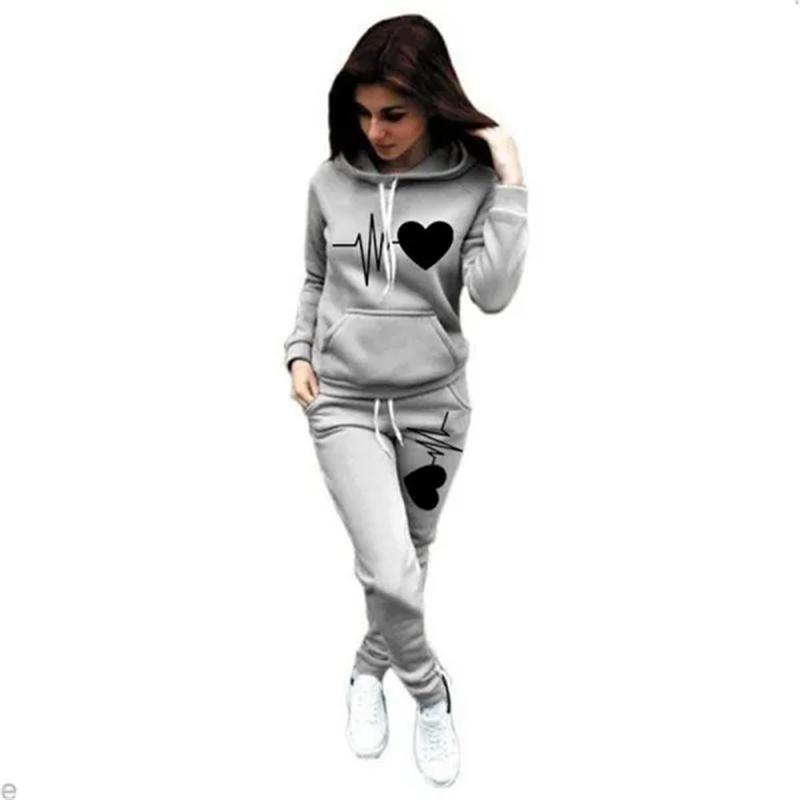 Hot Women's Hooded Pants Love Printed Sportswear Autumn and Winter Two Piece Sweatshirt Sweatpants with Pockets Sweatshirt Set