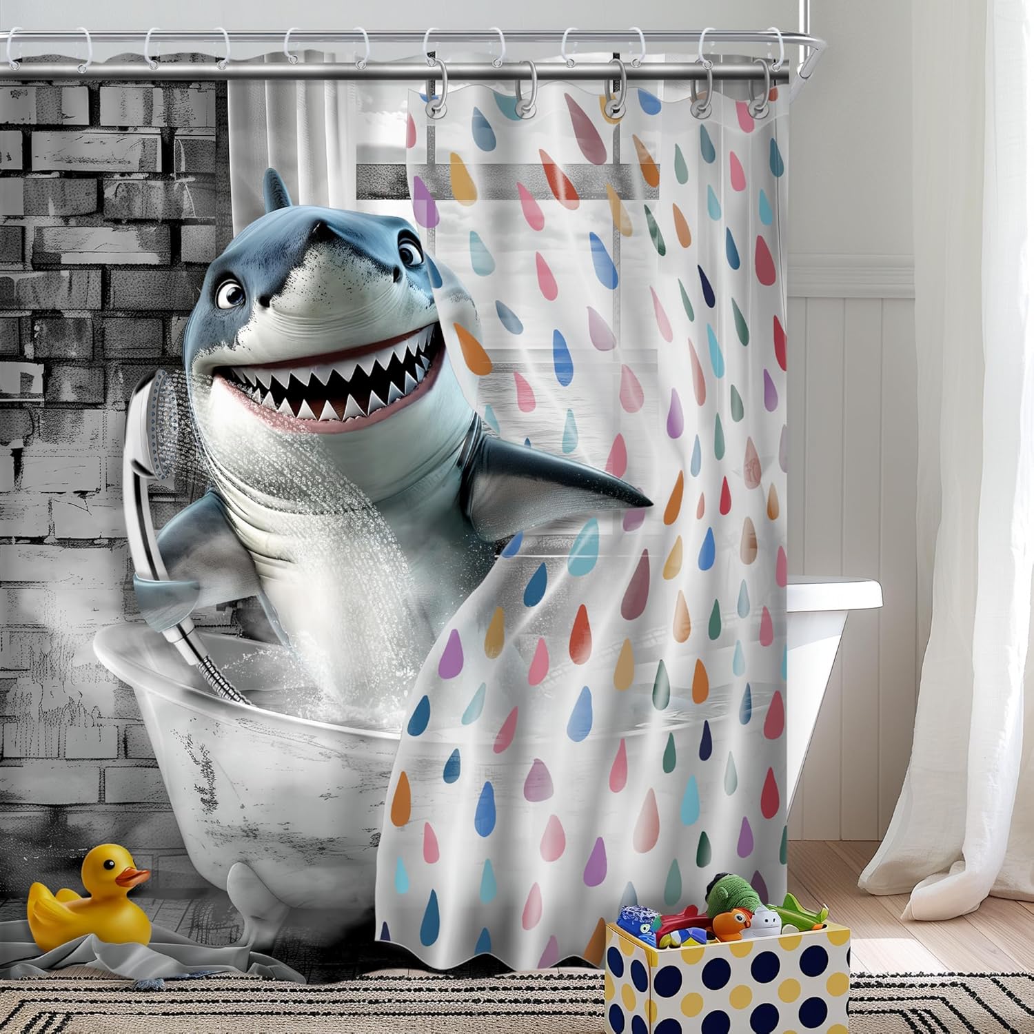 

Funny Shark Shower Curtain Kids Fun Ocean Sea Animal In Bathtub Cute Cool Hilarious Boys Grey Vintage Rubber Duck Bathroom Decor W60H190(CM)-1 Pcs
