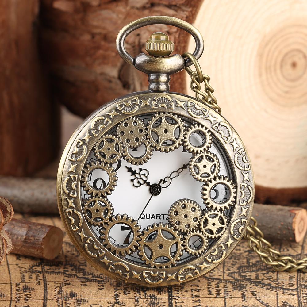 Antique Copper Steampunk Vintage Hollow Bronze Gear Hollow Quartz Pocket Watch Necklace Pendant Clock Chain Men's Women Gift