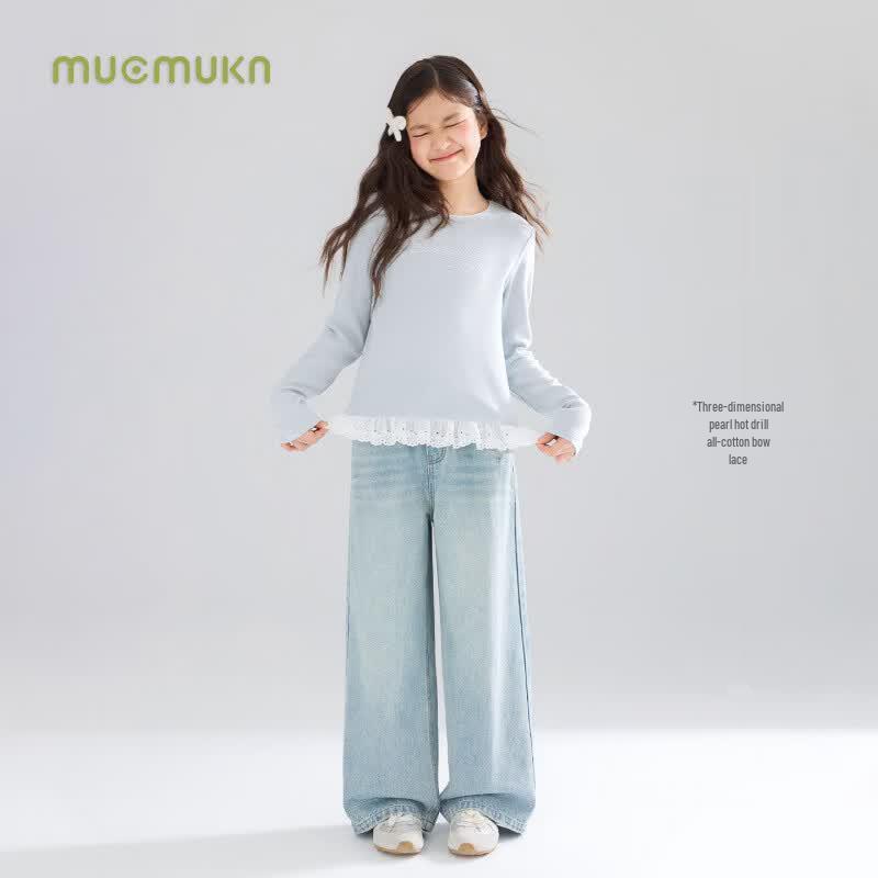 Mucmukn Girls' Warm Cloud Bow Lace Rhinestone T-shirt
