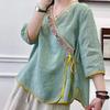 V Neck Chinese Style Embroidered Linen Short Sleeved T Shirt Women's Summer Tie Loose Tea Jacket