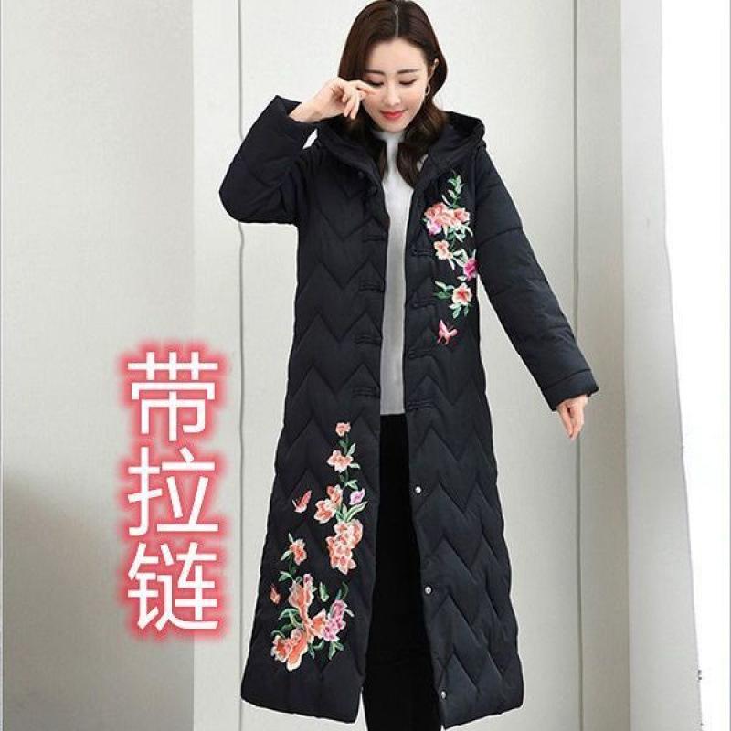 Mother's embroidered cotton-padded clothes with zipper Women's medium and long loose large size down cotton-padded clothes Winter cotton-padded
