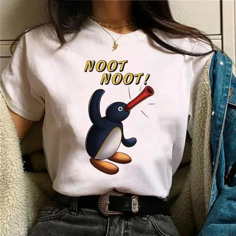 Funny Pingu Print Women's T-Shirt Unique Casual Cute Street Short-Sleeve T-Shirt Breathable Women's Top Kawaii Clothing