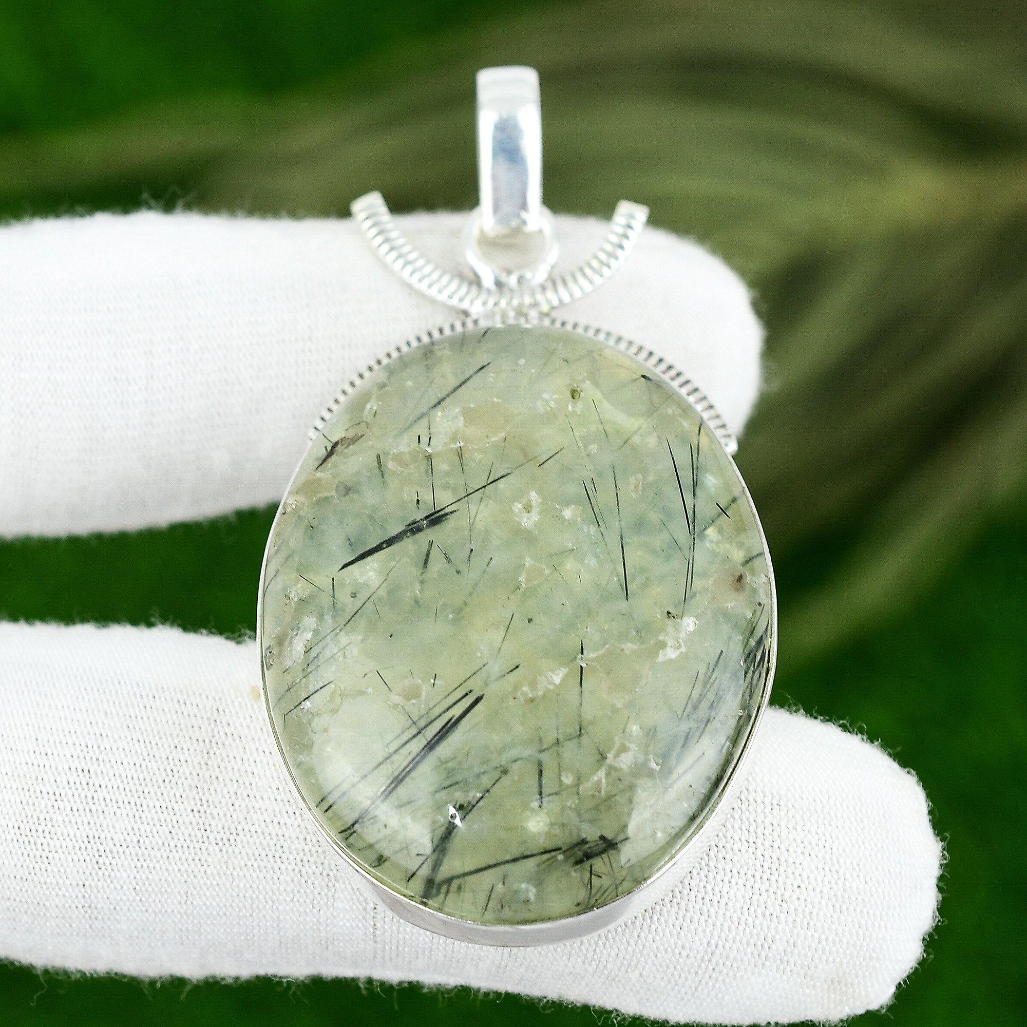 925 Silver Oval Moss Prehnite Stone Anniversary Bezel Wife Boho Pendant Jewelry