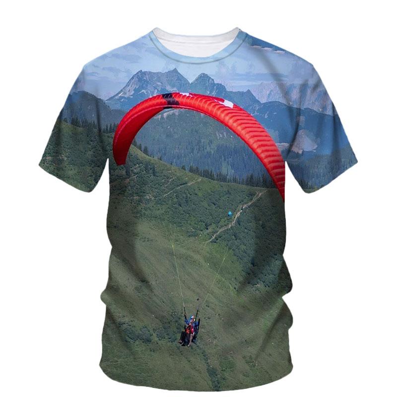 3D Parachute Paraglider Printed Casual Short Sleeved Children's Boy T-shirts  - Soft Medium Stretch Fabric Spring and Autumn Relaxed Fit Clothing