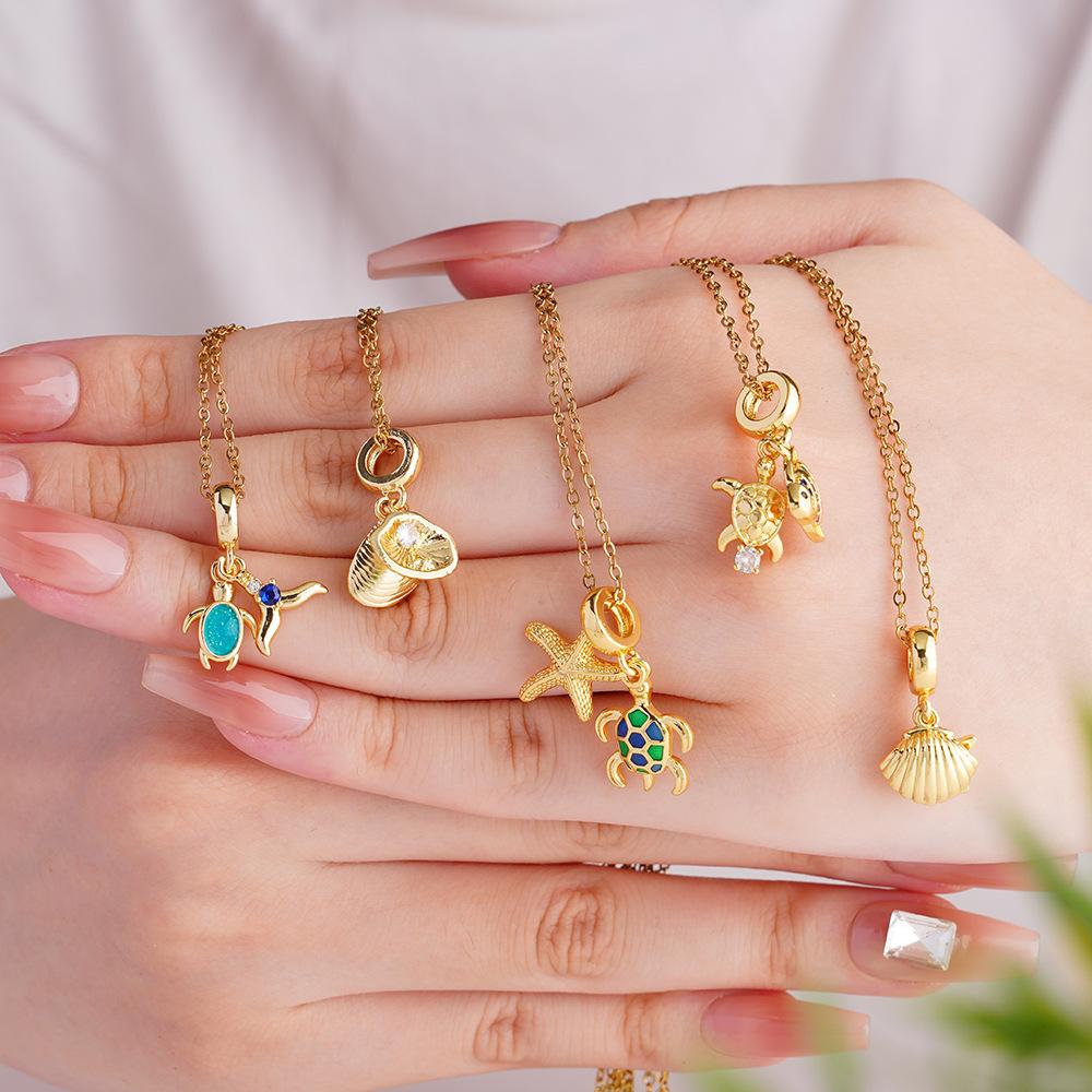 Sweet Cute Zircon Fish Shell Turtle Charms Necklaces for Women Girls Stainless Steel Chain Fashion Jewelry Accessories Gifts