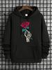 Skull‑flora Men Hoodie Bold Skeleton Palm Bright Red Rose Art Front Graphic Decor Pullover For Cozy Chill Weekend Outdoor Activities