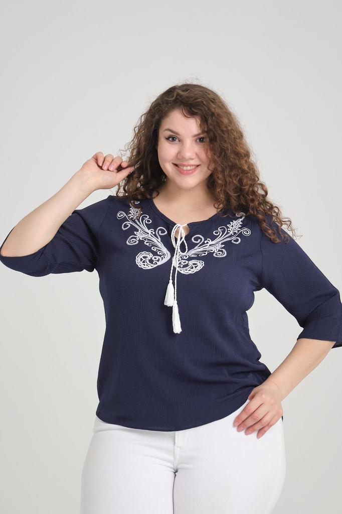 Damen-Bluse in großen Größen, Marineblau, ethnisch gemusterte Quasten-Bluse in Übergröße