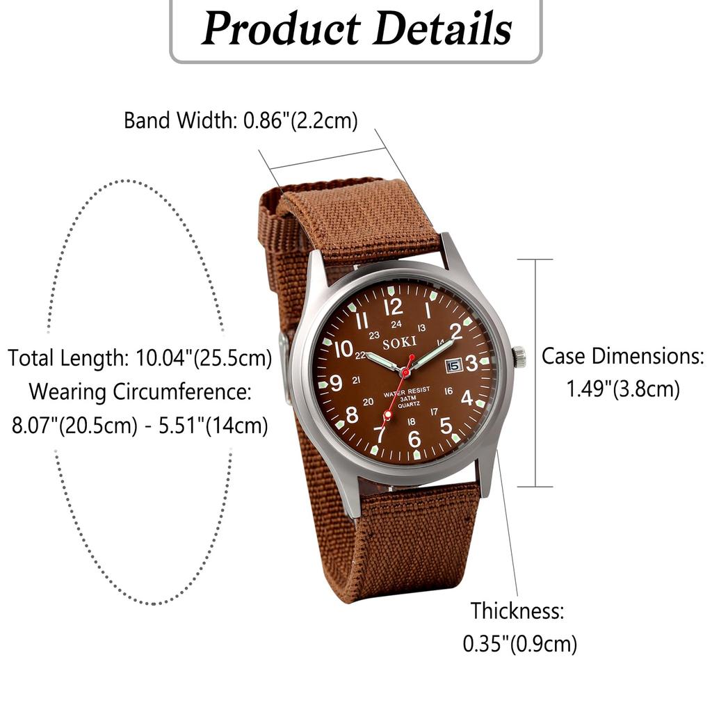 Arabic Imitation Military Luminous Large Nylon Brown Men's Wristwatch, Waterproof, Luminous Numerals, Watch, Outdoor, 24-Hour Pointer, Quartz, Dial,