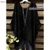 Camiseta Elegante Bohemia para Mujer con Estampado de Noche Estrellada Blanco con Lunares por Toda la Prenda y Bajo Asimétrico, Cuello Redondo Moda Casual Mujer