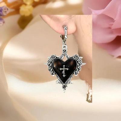 Retro Gothic Jewelry: Drip Oil Rose Charms with Thorns Heart Cross Earrings for Women
