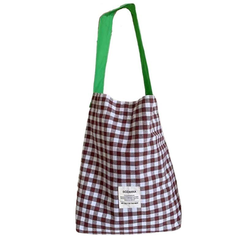 bag female crossbody large capacity contrasting color plaid canvas bag casual simple tote shoulder bag shopping bag