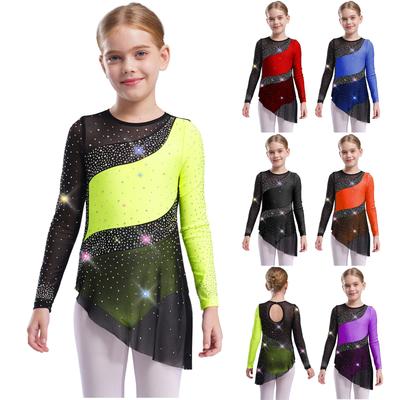 Costume da Ginnastica Artistica da Ragazza Maniche Lunghe Design in Rete Trasparente Patchwork Strass Scintillanti Body Color Block