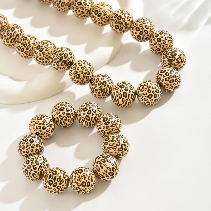 Handmade Wooden Beaded Necklace Set With Leopard Print Accents Boho Chic Statement Collar Chain Women Fall Winter