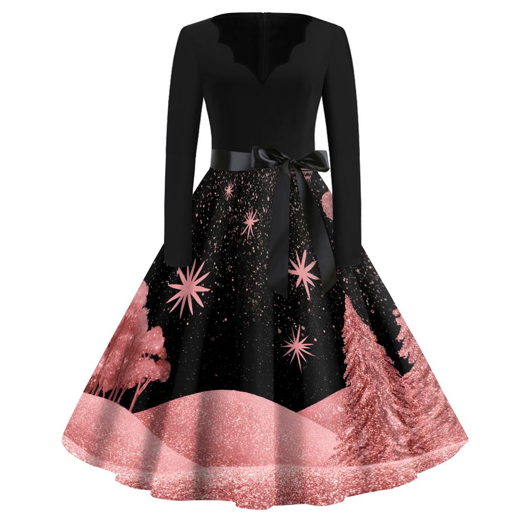 Women's Retro V-Neck Christmas Dress with Snowflake and Christmas Tree Print, Vintage A-Line Dress for Holiday Party