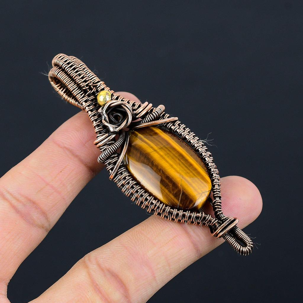 Tiger Eye Pendant, Handmade Gemstone 999 Copper Wire Wrapped Pendant Antique Jewelry, For Gift Silver Jewelry