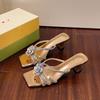 Summer new fashion rhinestone flower medium heel slippers versatile temperament thick heel cool slippers