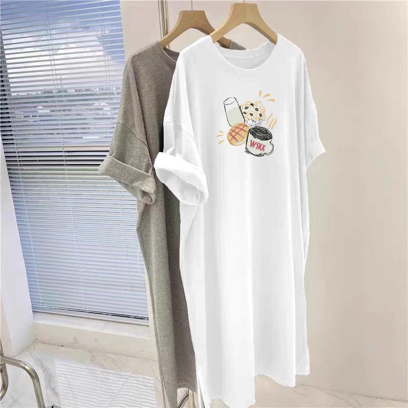 American Cartoon Print Casual Loose T-Shirt Dress, Short Sleeve, Round Neck, Slimming, Versatile for Summer.