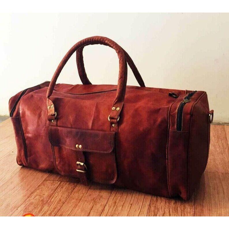 Leder Duffle Leder Reisegepäck Übernachtungstasche Weekender-Tasche Urlaub Fitnessstudio B