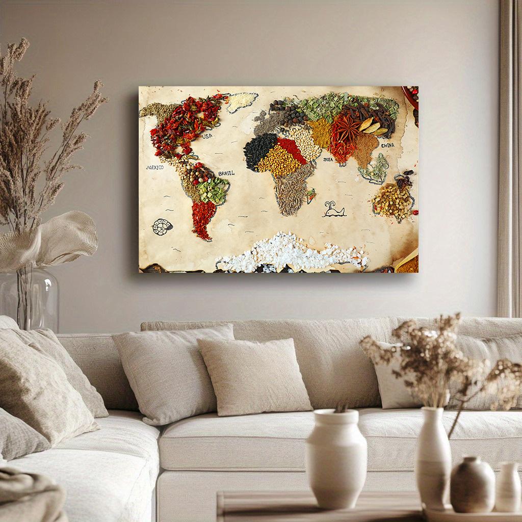 Världskarta med spannmål och kryddor Köksdukstryck Abstrakt stilleben Affischer och tryckta bilder Vardagsrum