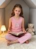 Girls Pajama Set, Sleeveless Cat Print Tank Top & Plaid Pants, Soft Ribbed Loungewear Sleepwear for Kids 8-12 Years