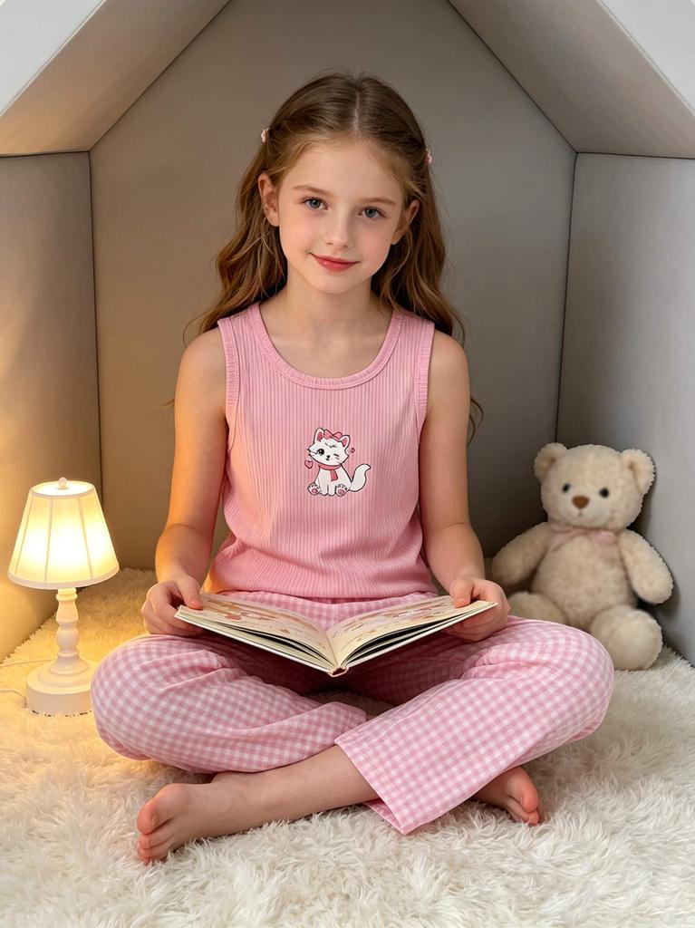 Girls Pajama Set, Sleeveless Cat Print Tank Top & Plaid Pants, Soft Ribbed Loungewear Sleepwear for Kids 8-12 Years