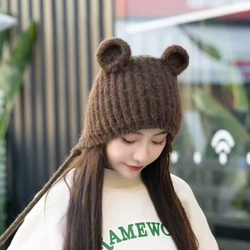 Bear Cute Knitted Hat With Ear Protection And Solid Color Design For Cold Daily