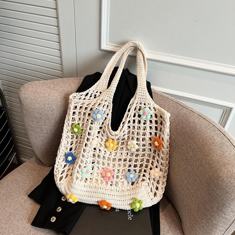 Harajuku Style Flower Hollow Knitted Shoulder Bag Large Capacity Crochet Bag Fresh Casual Beach Handbag For Women Gifts