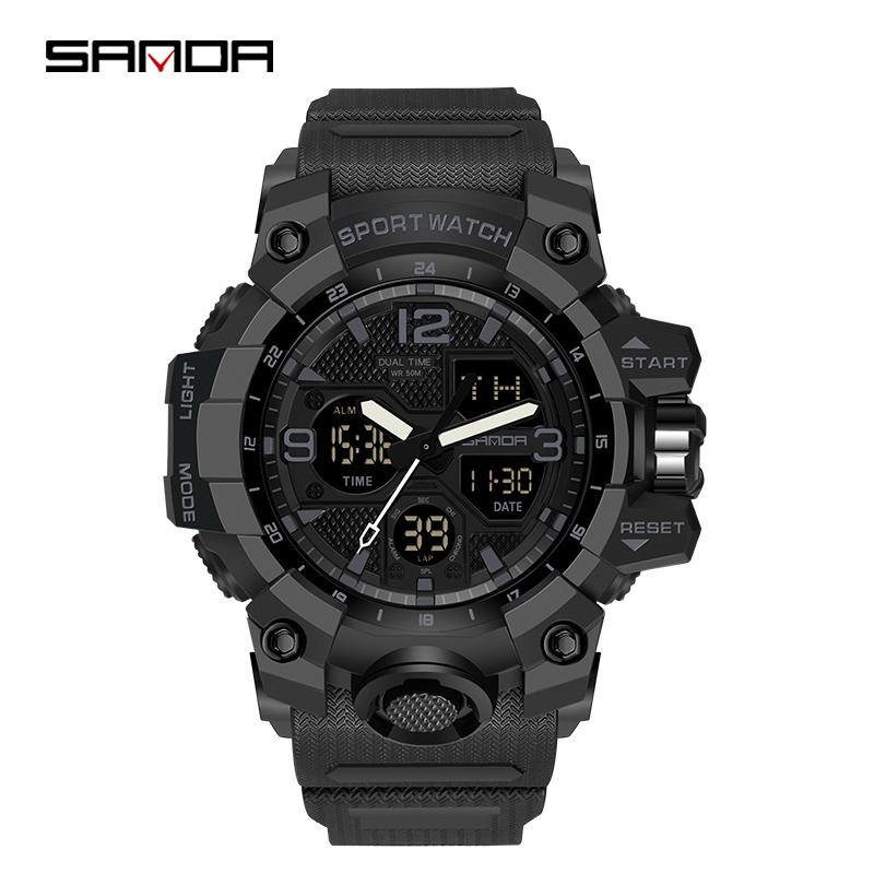 Fashion SANDA 6030 Men's Electronic Watch Outdoor Sports Multi functional Dual Display Waterproof LED Men's Electronic Watch