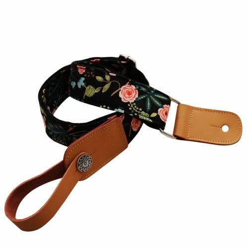 MUSIC FIRST Original Design "Dark Night Garden" Soft Cotton & Genuine Leather Ukulele Strap, Ukulele Shoulder Strap with One Branded Strap Locker