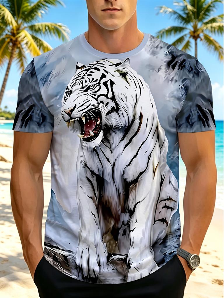 [Printed Design - Not Textured] Men's Fashion T-Shirt, Printed Men's Casual Crew Neck T-Shirt, Majestic White Tiger Print, Suitable for Sports and