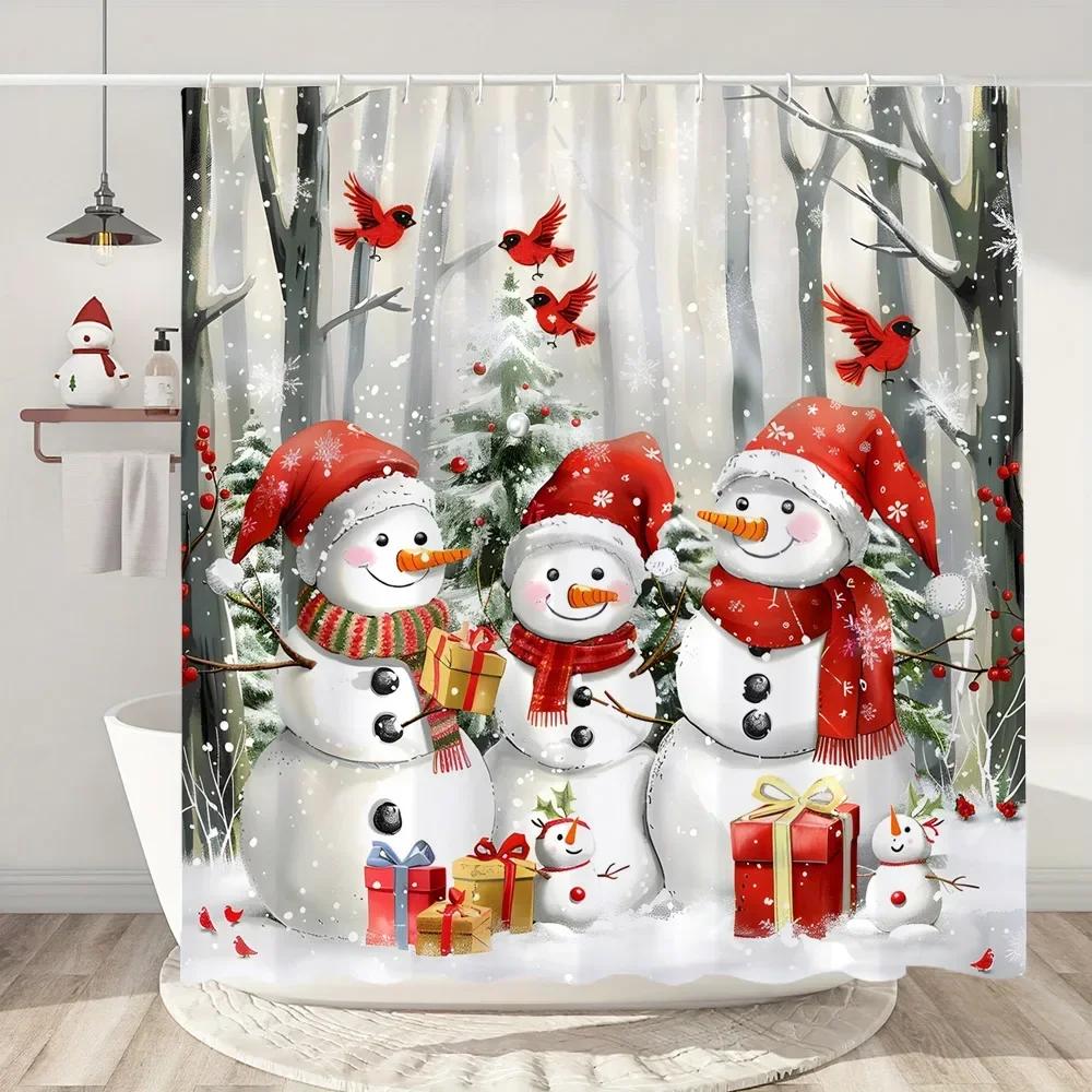 Snowman Christmas Shower Curtain Christmas Tree Gifts Red Bird Winter Snow Fabric Printed Bath Curtain Bathroom Decor With Hoo