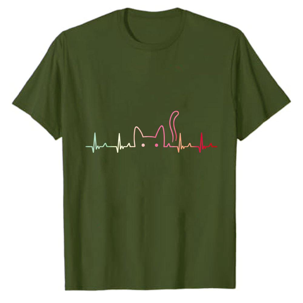 Cat Lover Heartbeat ECG Funny Cute Cat TShirt for Unisex Women Crew Neck Short Sleeve Fitted Olive Green Multicolored Outline