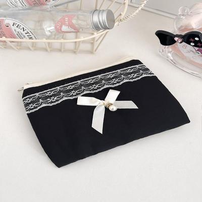 Trousse de Maquillage Noir Dentelle Nœud Grande Capacité Trousse de Toilette Organisateur Cosmétique de Voyage Mignonne Coréenne Pochette Portable Pour Femmes