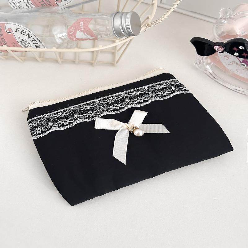 Black Lace Bow Makeup Bag Large Capacity Toiletry Bag Travel Cosmetic Organizer Cute Korean Portable Pouch For Women