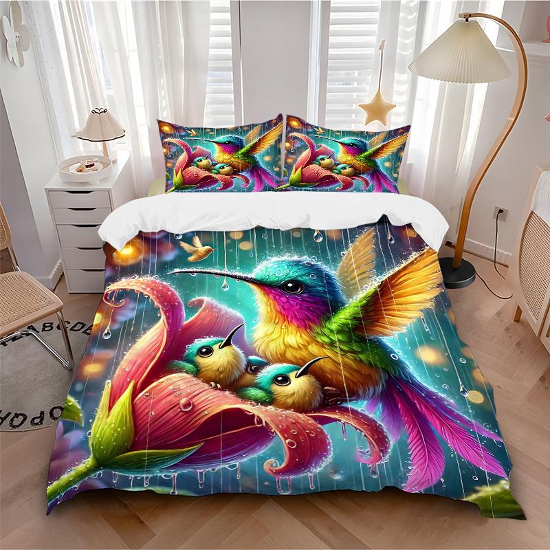 3pcs Rainbow Hummingbirds Bedding Set - Includes 1 Quilt Cover and 2 Pillowcases, Comfortable Bedding with Stylish Design for Bedroom, Machi