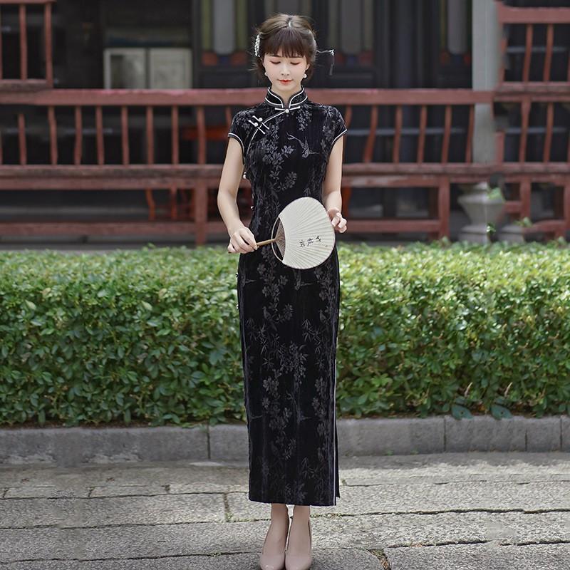 Black Velvet Floral Brocade Qipao Dress Women Vintage Chic Long Fit-and-Flare Sleeveless Style Medium