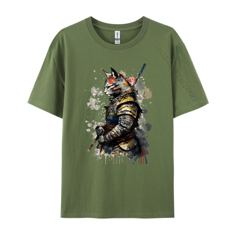 Cat Samurai Wearing Uniform Painting Portrait Cat Samurai Mens Shirts Graphic Tee Short Sleeve Tee Creative