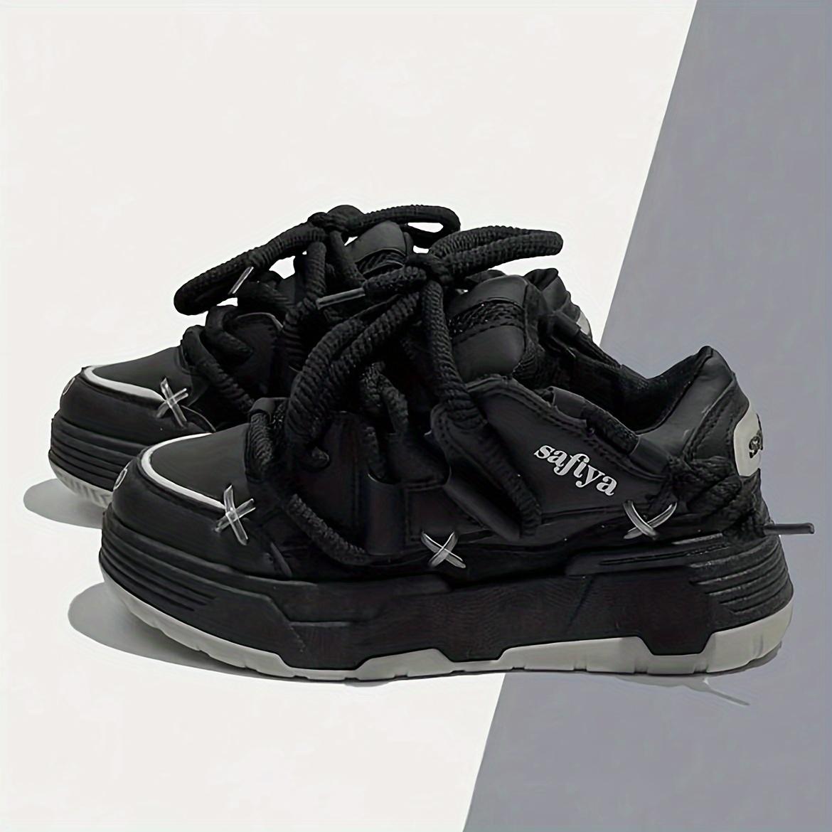 

Женские кроссовки на массивной платформе со шнуровкой - Белый и светло-голубой синтетический верх и текстильная подкладка, Толстая резиновая подошва для высоты, Повседневная обувь на все сезоны 36 чёрный