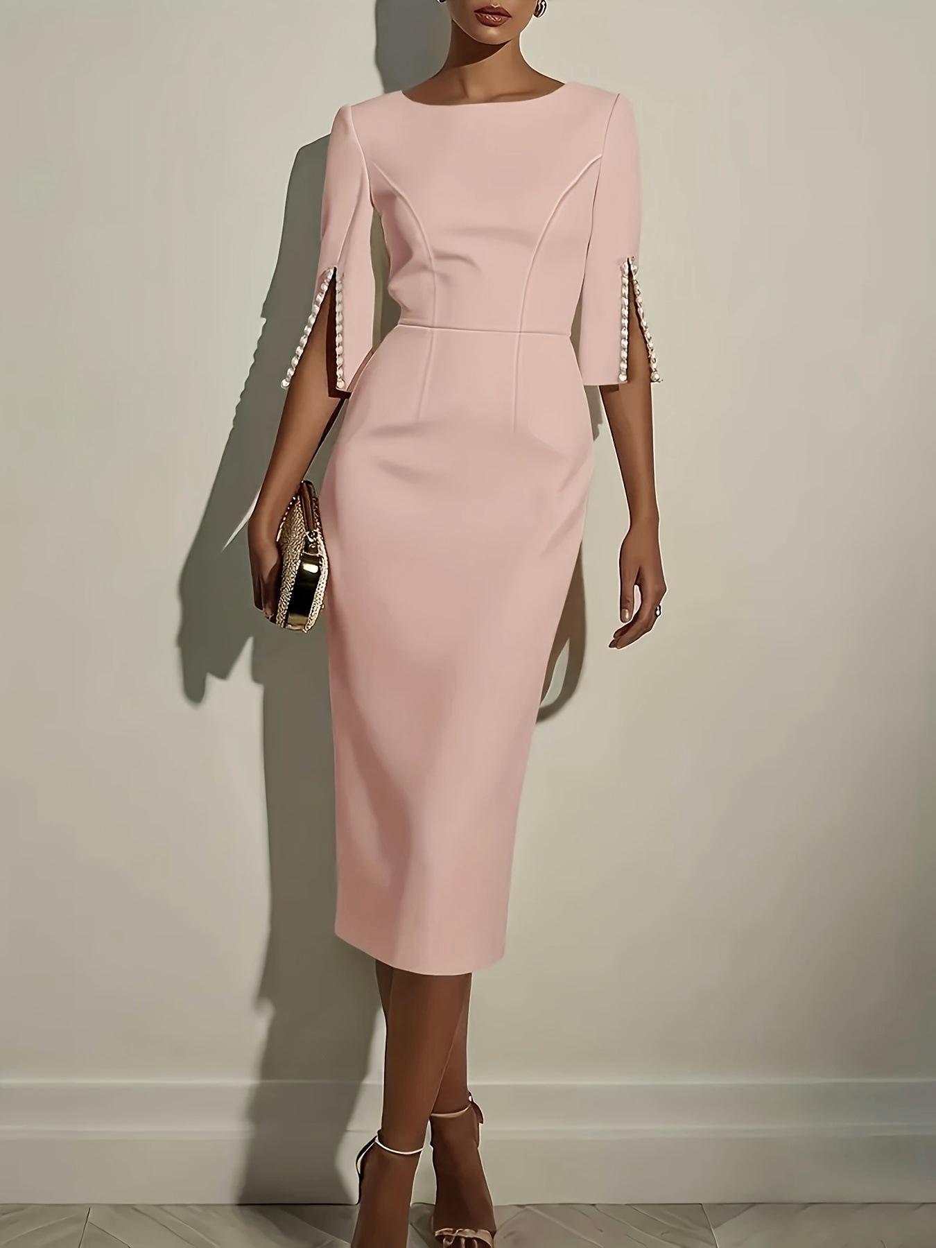 2026 European American Spring Summer Beaded Slim Elegant Dress for Women M розовый