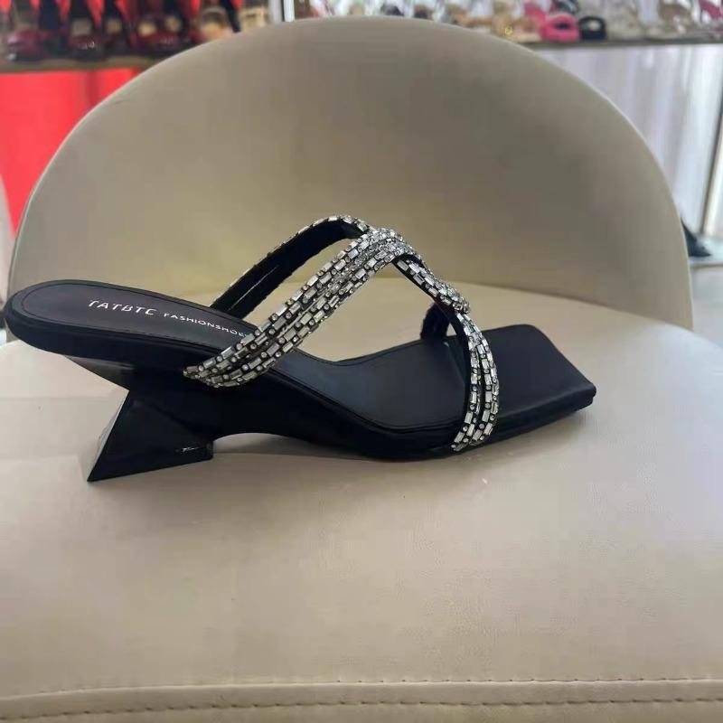 Mode Sommer Neu Offene Hausschuhe Damen Tragen Temperament Quadratischer Kopf Strass mit A-Linie mit Dicken Sandalen Hohen Absätzen