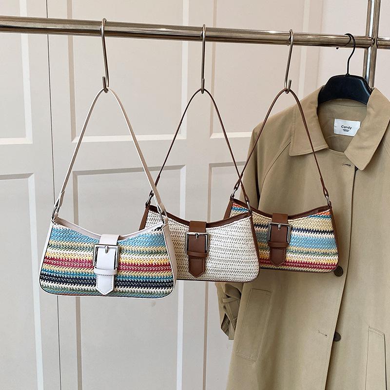 Woven Colored Stripes Splicing Women's Fashion New Contrasting Colors Trend Casual Simple Mori Underarm Shoulder Women's Bag