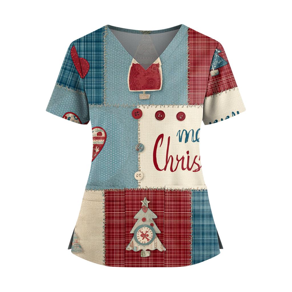 Women's Christmas Print V-Neck Double Pocket Short Sleeves Hem Slit Uniform And Caregiver Top