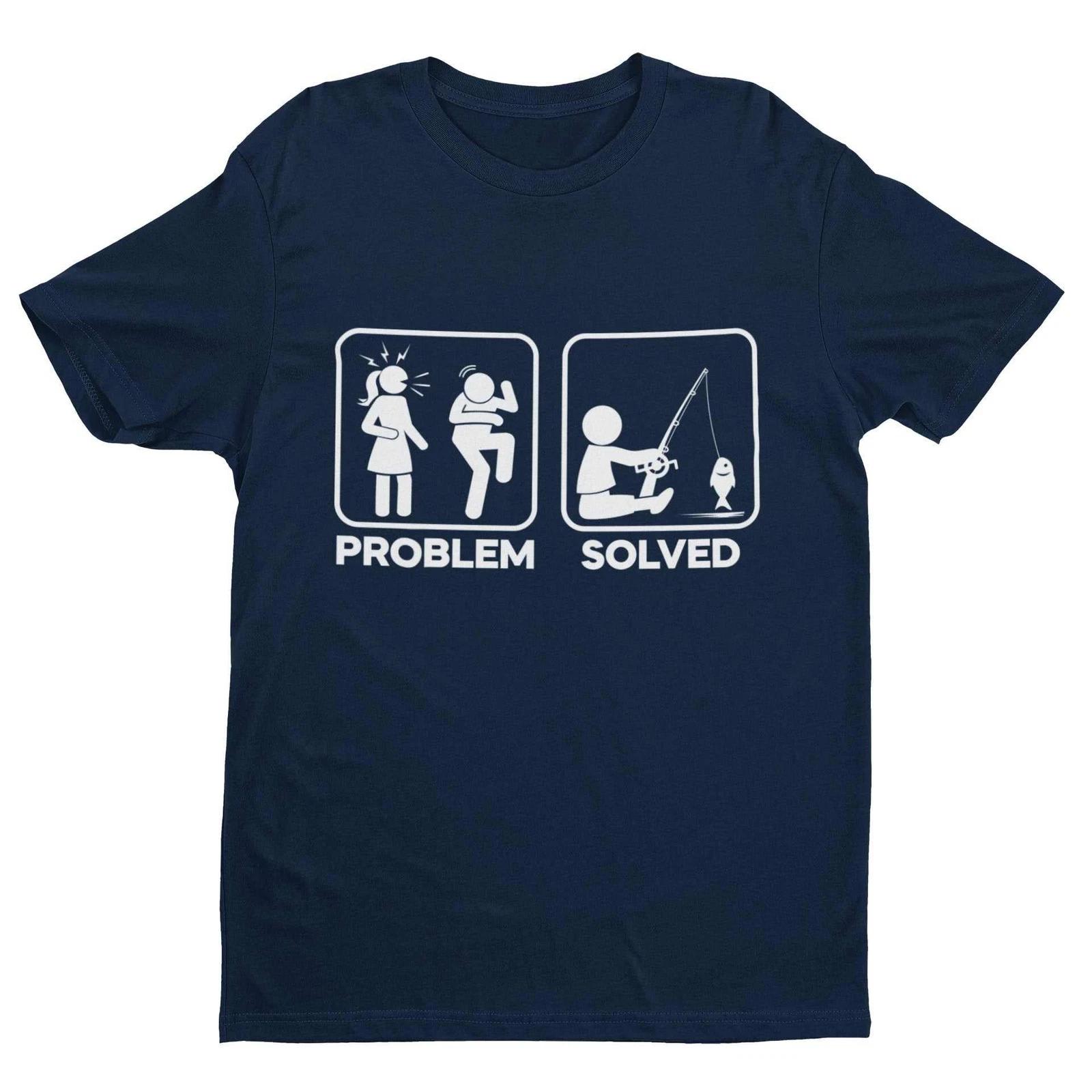 Funny Fishing T Shirt PROBLEM SOLVED Nagging Wife go Angling Gift Idea Fisherman 3XL
